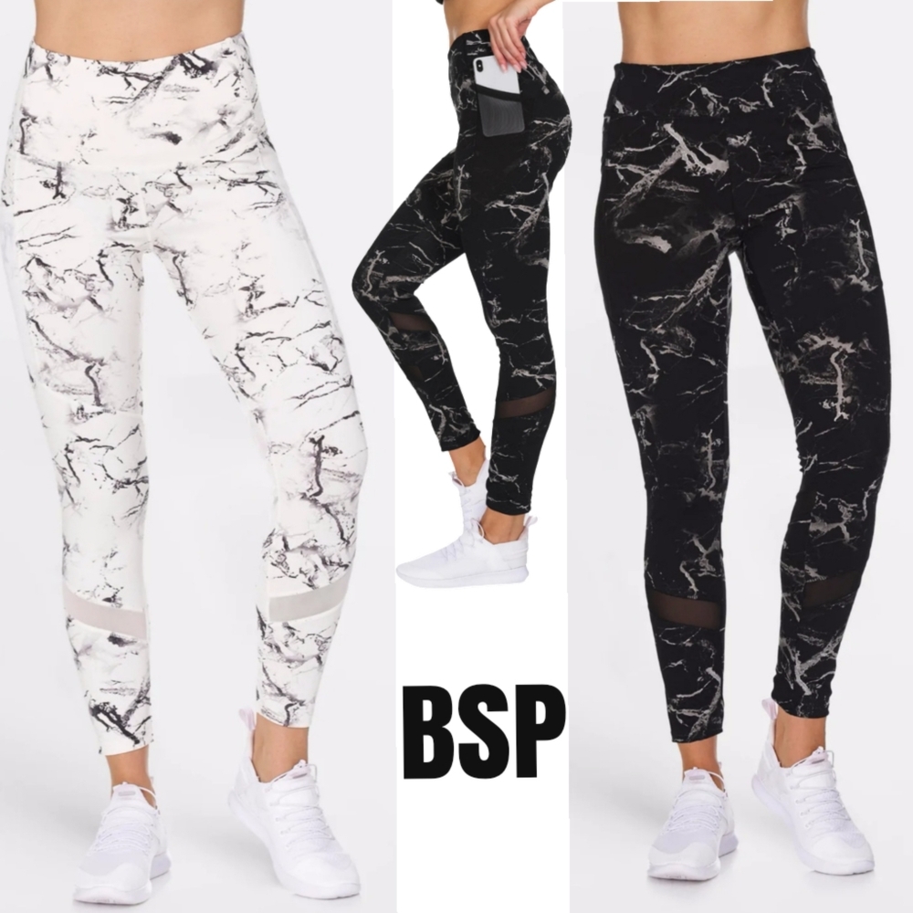 BSP-erformance Blk & White Marble 24" Long Active Leggings &Matching Face Mask